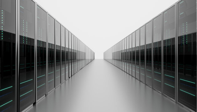 Row of server racks in a modern technology room