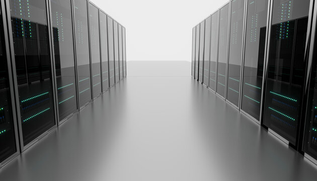 Interior view of a modern data center with rows of server racks
