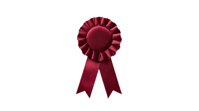 Red award rosette ribbon badge isolated on transparent background, elegant satin prize medal cutout for winner, honor, celebration and achievement