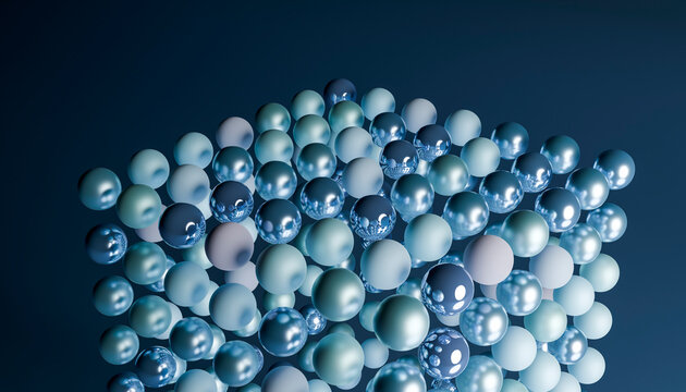 A cluster of 3d floating blue spheres with metallic and matte finishes