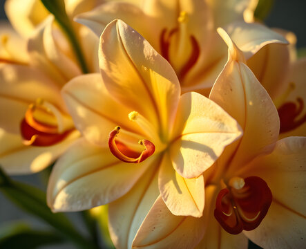 Gros plan spectaculaire sur une fleur de lys jaune orang&eacute;e aux longues &eacute;tamines rouges, illumin&eacute;e par la lumi&egrave;re chaude du soir dans un jardin exotique