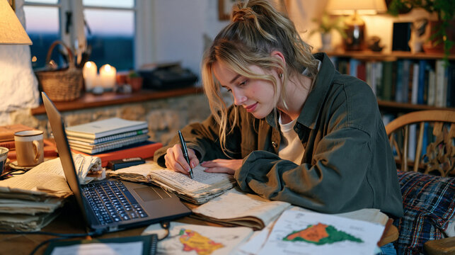 A fingerprint analysis technician works alone in a quiet farmhouse study at dusk, surrounded by aged manuscripts and dialect maps, her solitary focus suggesting a forensic role in verifying provenan