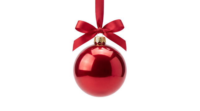 Glossy red Christmas bauble ornament with satin bow and hanging ribbon isolated on transparent background for festive holiday decoration design