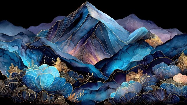 Majestic blue mountain landscape with golden accents and floral elements