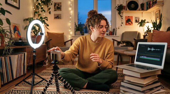 A woman sits cross-legged on an apartment floor filming herself with a smartphone on a tripod, a glowing ring light beside her and an editing timeline on her laptop.