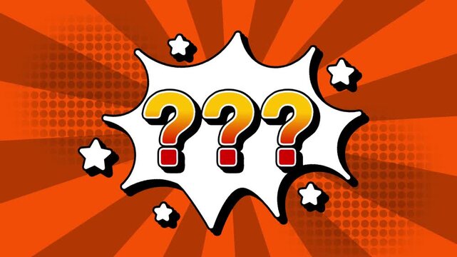 Question mark text word lettering popup comic cartoon reveal with bomb and smoke explosion manga anime book page dots with radial speed lines doodle orange background with seamless loop animation