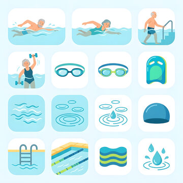 Aquatic Exercise Icons vector icon set