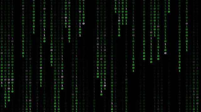 Glowing green binary code numbers zero and one raining down on dark background, matrix style cyber security and coding motion graphic loop