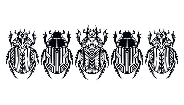 Tribal ethnic scarab beetle collection set with ornate geometric pattern tattoo vector illustration isolated (15 words