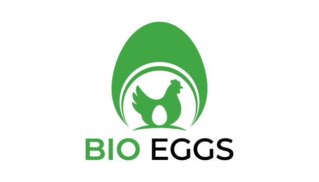Green organic bio eggs logo design with chicken silhouette emblem for poultry farm product branding vector (16 words)