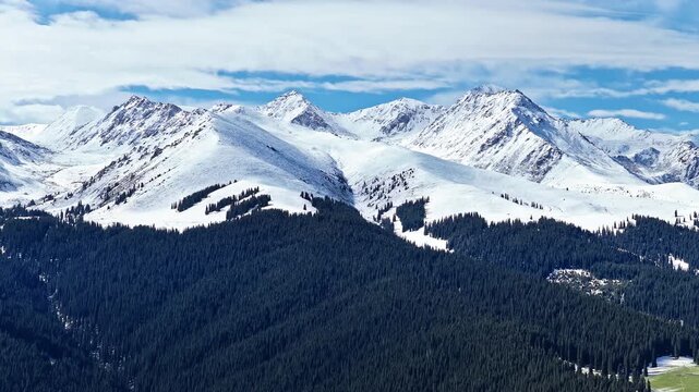 Aerial view of snow-covered mountain ranges and green forests in spring under a blue sky, Kalajun Grassland, Ili, Xinjiang, China.
