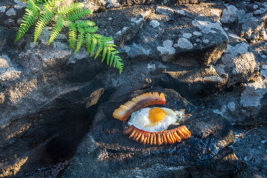 Outdoor Cooking of Fried Egg and Bacon on Hot Rock. Fried egg and bacon cooked directly on a hot stone outdoors, surrounded by natural rocks and green fern, creating a rustic outdoor cooking scene.