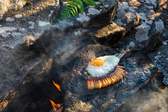 Outdoor Cooking of Fried Egg and Bacon on Hot Rock. Fried egg and bacon cooked directly on a hot stone outdoors, surrounded by natural rocks and green fern, creating a rustic outdoor cooking scene.