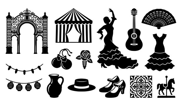 Flamenco Spanish festival black vector symbols with fan guitar castanets dress and cultural elements