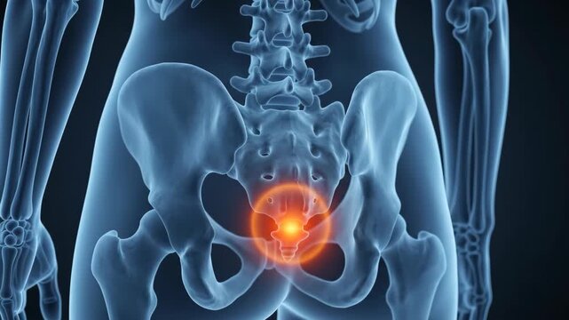 Human skeleton highlighting tailbone pain with glowing orange light
