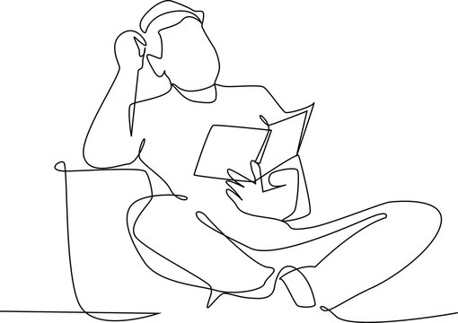 Minimalist one line illustration of a student reading an open book, representing education, learning, knowledge, academic study and reading. Isolated on white background.