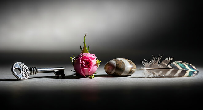 Still life composition with silver key pink rose stone and feather, symbolic