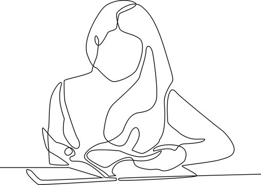 Minimalist one line illustration of a student reading an open book, representing education, learning, knowledge, academic study and reading. Isolated on white background.