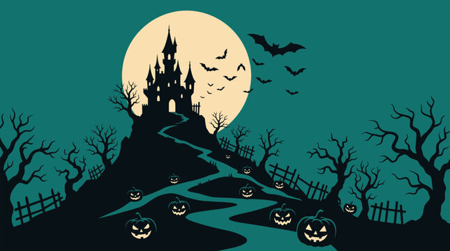 A spooky and enchanting halloween night vector illustration featuring a dark castle full moon and silhouetted bats for festive celebrations and seasonal designs