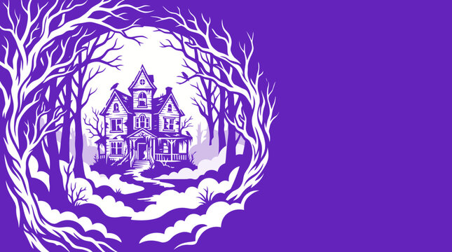 An enchanting halloween vector illustration featuring a spooky castle silhouetted against a full moon surrounded by eerie trees and swirling mist perfect for festive