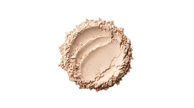 Beige loose face powder cosmetic texture with smudged makeup and crumbly edges, isolated transparent PNG cutout for beauty product design projects