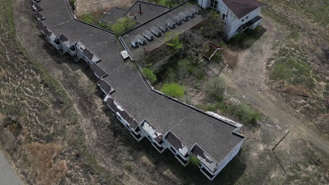 Aerial Drone View of Abandoned Himiko no Sato Resort Hotel in the Aso Grasslands, Kumamoto Japan