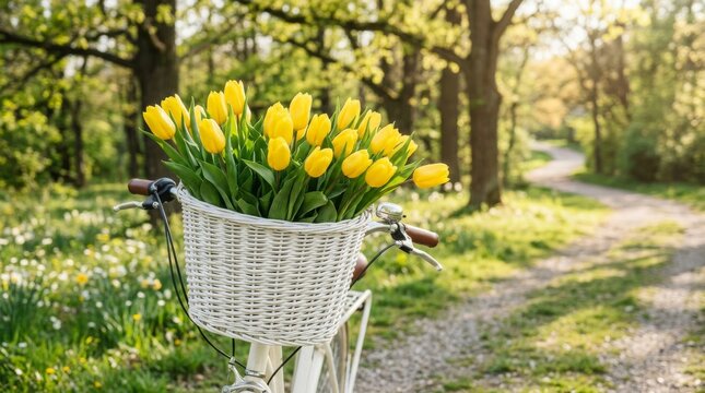 A beautiful bicycle with a basket full of fresh yellow tulips in a sunny park.