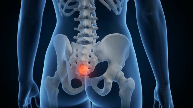 3d medical animation of female pelvis highlighting sacrum pain