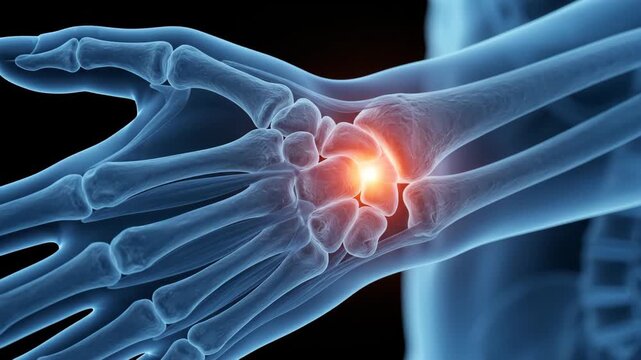 Human hand skeleton with glowing orange wrist pain animation
