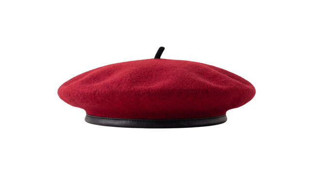 Red wool beret with black leather band isolated on transparent background, classic French style fashion accessory cutout for apparel design projects