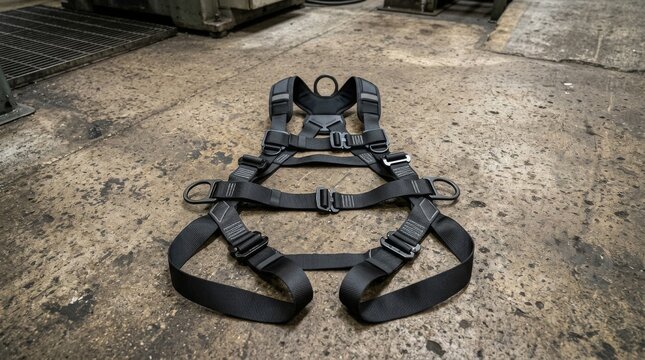 Black industrial safety harness for fall protection equipment.