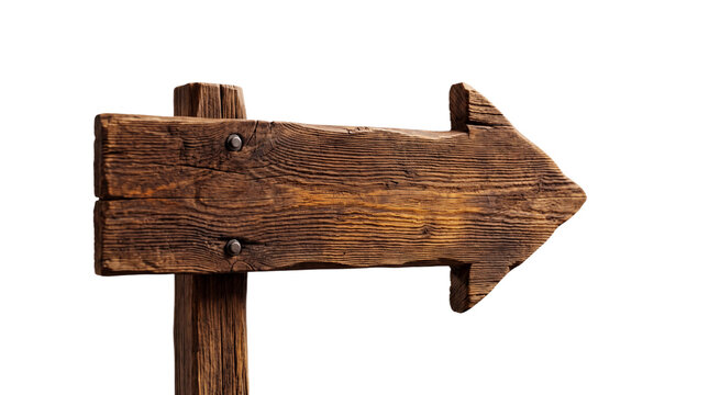 Rustic wooden arrow sign pointing right, weathered plank direction marker on post, isolated transparent PNG cutout for navigation design projects
