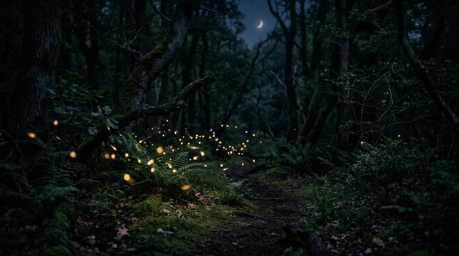 Enchanting fireflies glowing in a dark mysterious forest at night.