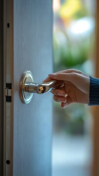 Close up of woman hand grabbing door handle to open house entryway hand reaching to unlock or open modern interior home door entrance