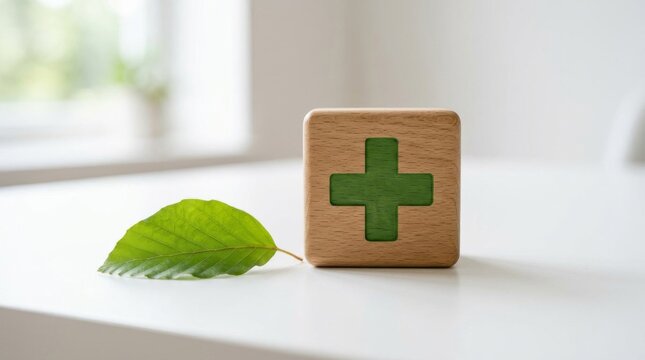 Wooden block with green cross symbol next to a natural leaf.