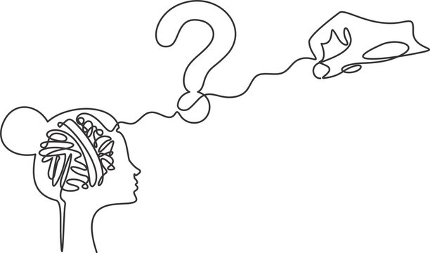 Single continuous line of woman profile with tangled yarn instead of brain turning into question mark held by a hand, confusion and help concept