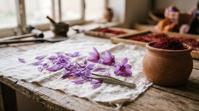 Saffron threads and crocus flowers on rustic wooden table in
