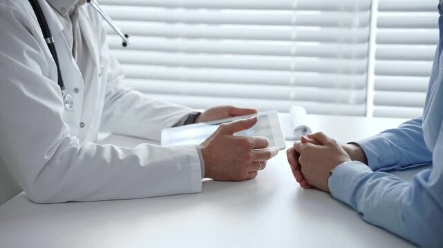 Doctor reviews digital health records with patient on tablet, explaining diagnosis and treatment options to support informed decisions and clear communication in a modern clinic setting