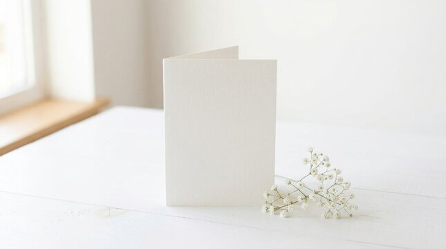 Blank folded greeting card mockup with baby breath flowers on white table.