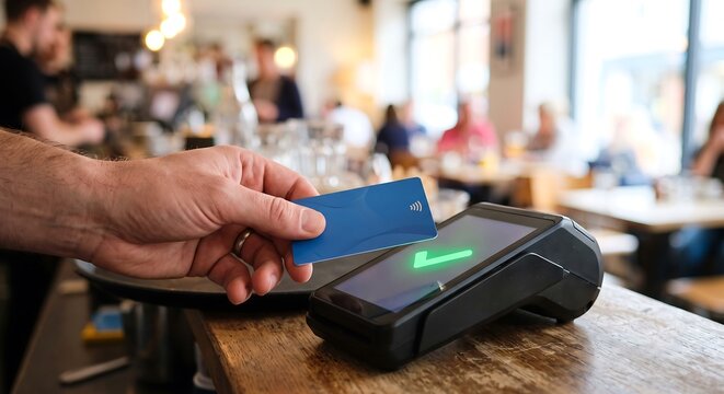 Man making contactless card payment at restaurant terminal. Secure cashless transaction using near field communication technology for dining, retail, banking, and modern digital finance.