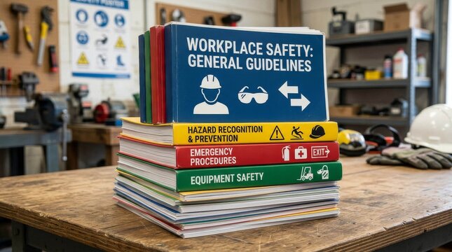Stack of workplace safety manuals on a workbench in a workshop.