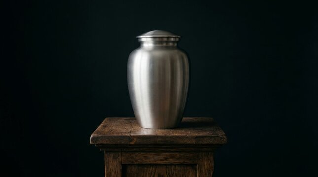 Metallic Funeral Urn Resting on a Wooden Pedestal Against a Dark Background.