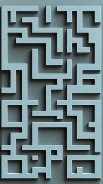 Abstract geometric maze pattern design with three dimensional light blue walls and deep dark shadows rendered graphic background
