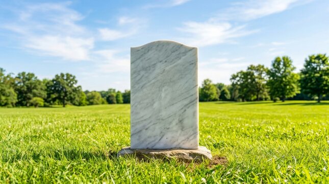 Blank white marble tombstone standing in a sunny green cemetery field.
