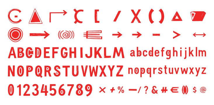 Complete set of red hand drawn alphabet letters numbers and special symbols on white background