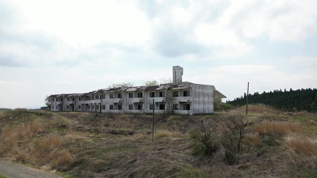 Aerial Drone View of Abandoned Himiko no Sato Resort Hotel in the Aso Grasslands, Kumamoto Japan