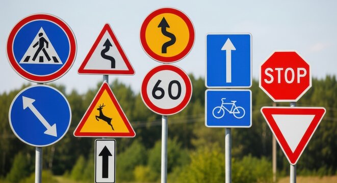 Diverse Collection Of Road Traffic Signs Mounted On Poles
