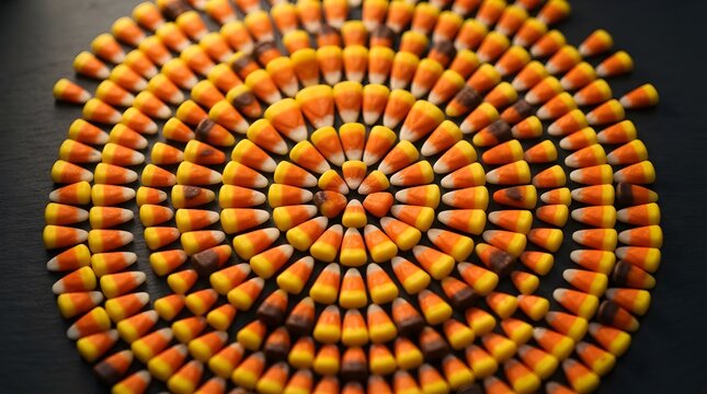 Colorful candy corn pieces arranged in a circular mandala pattern on a dark surface