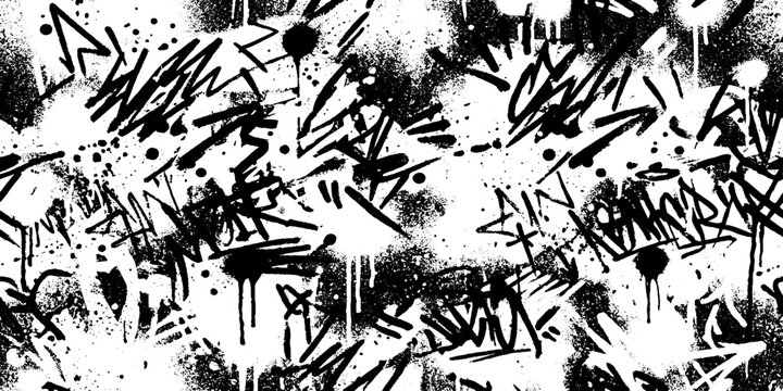 Abstract graffiti tags on a white background with black spray paint splatters and drips