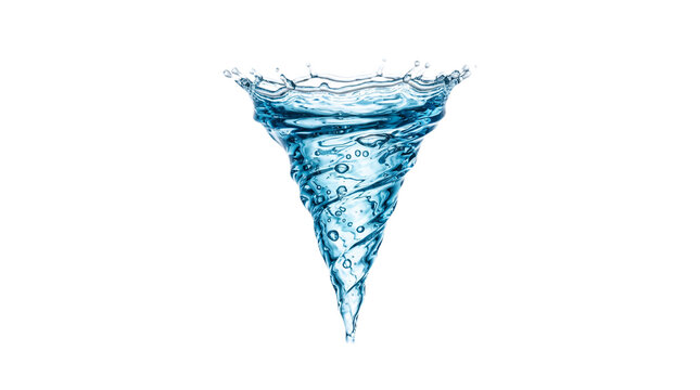 Swirling blue water vortex splash isolated on transparent background, dynamic liquid tornado funnel with bubbles, crown splash and clean cutout for design